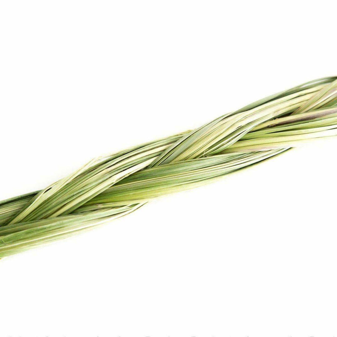 Braided sweetgrass used for smudging, emitting a sweet aroma and attracting positive energy in spiritual ceremonies.