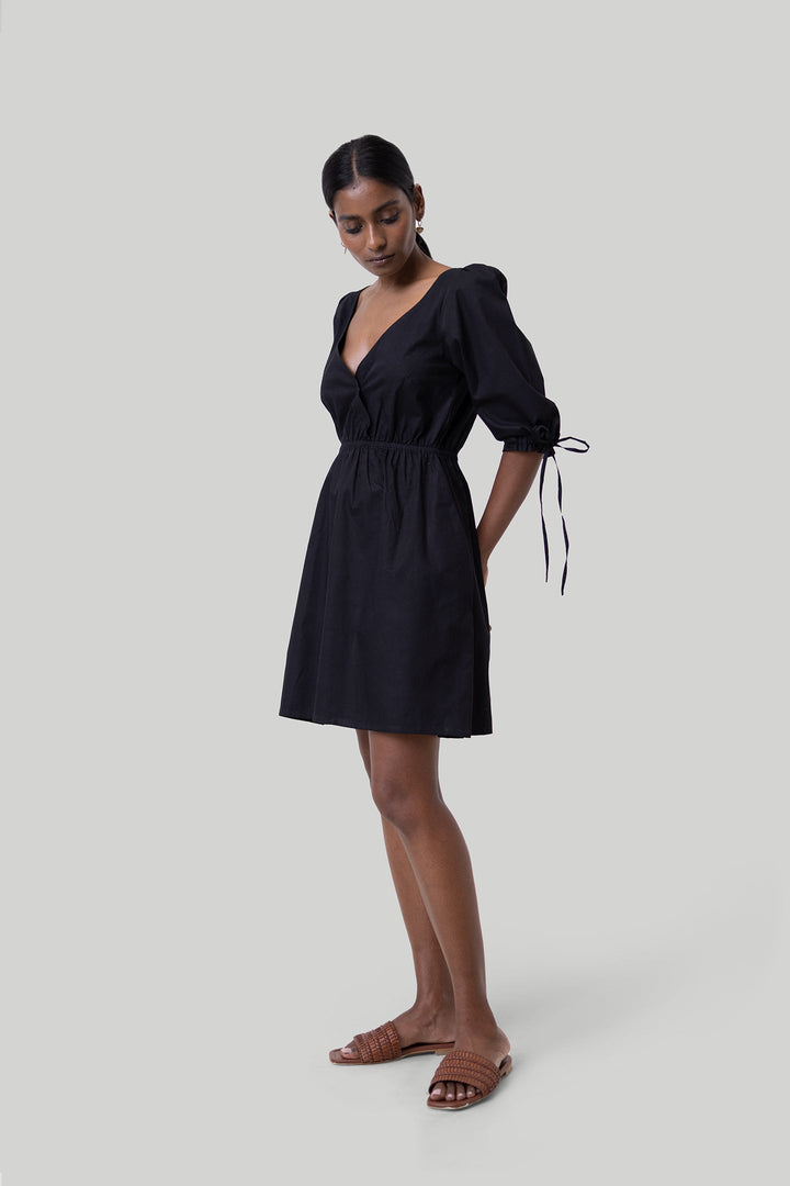 Gathered Elbow Sleeve Short Dress - Black