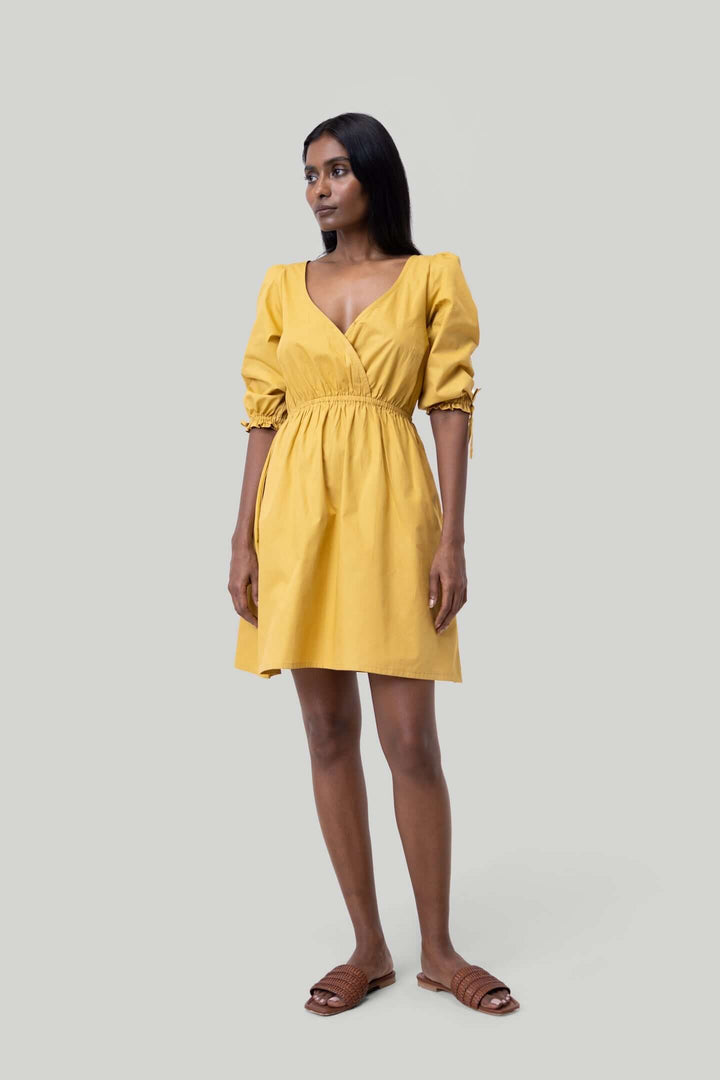 Gathered Elbow Sleeve Short Dress - Mustard