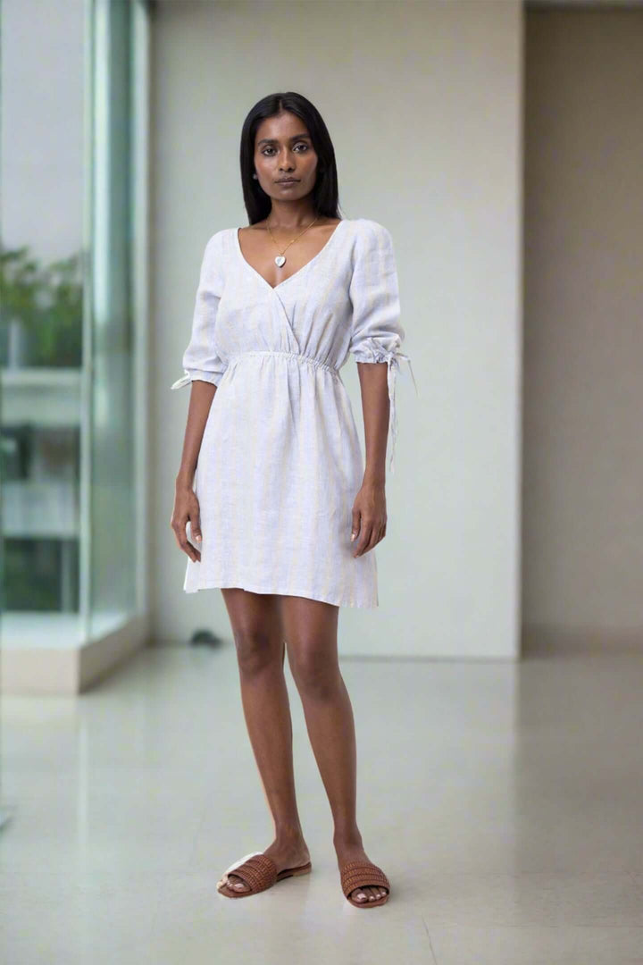 Gathered Elbow Sleeve Short Dress - Stripes