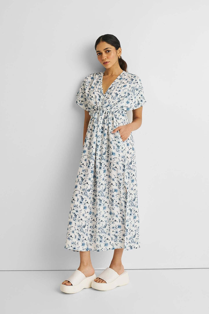 Gathered Maxi Dress - Blue Florals