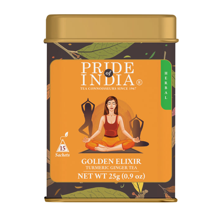 Featured in this hygge gift box: Pride of India Turmeric Ginger Tea Golden Elixir 25g Tin.