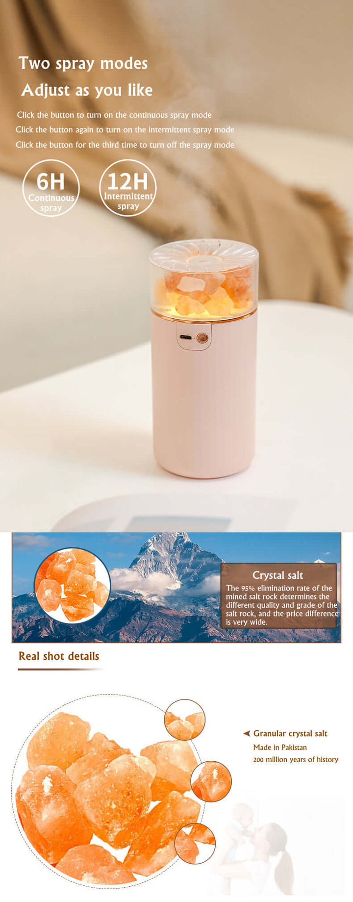 LED Light Crystal Salt Stone Humidifier Essential Oil Diffuser
