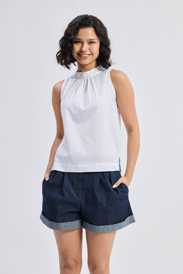 High-Neck Top With Gathers | White