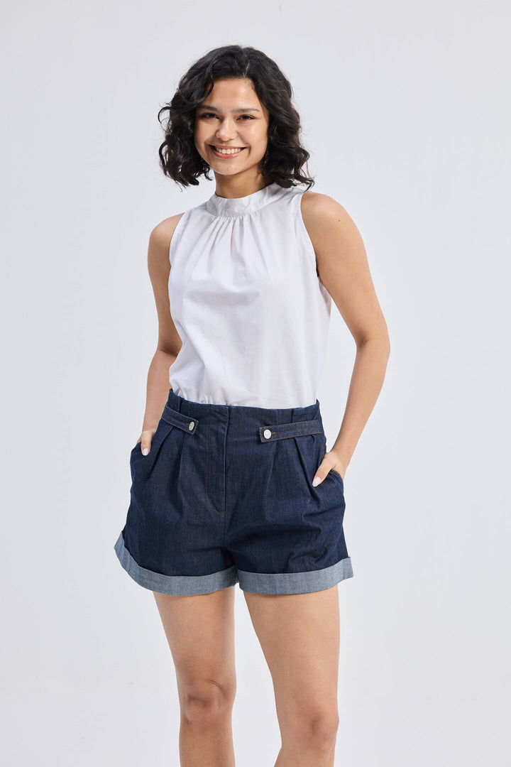 High-Neck Top With Gathers | White