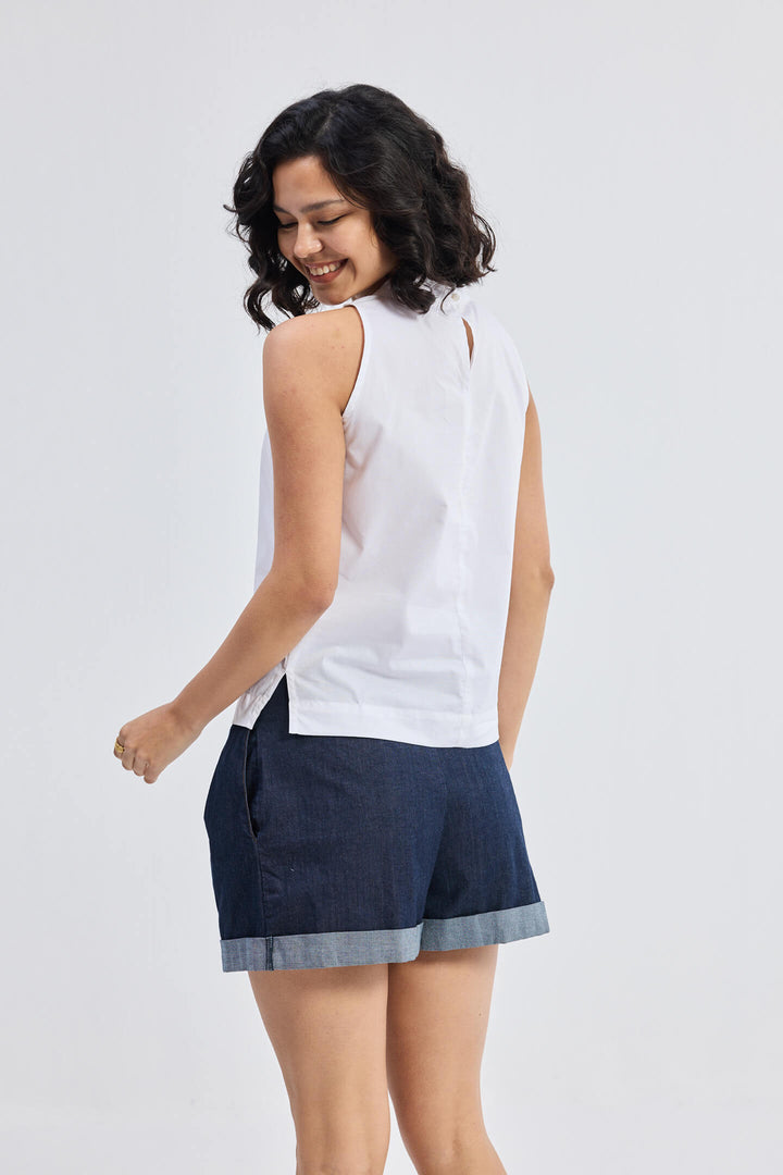 High-Neck Top With Gathers | White