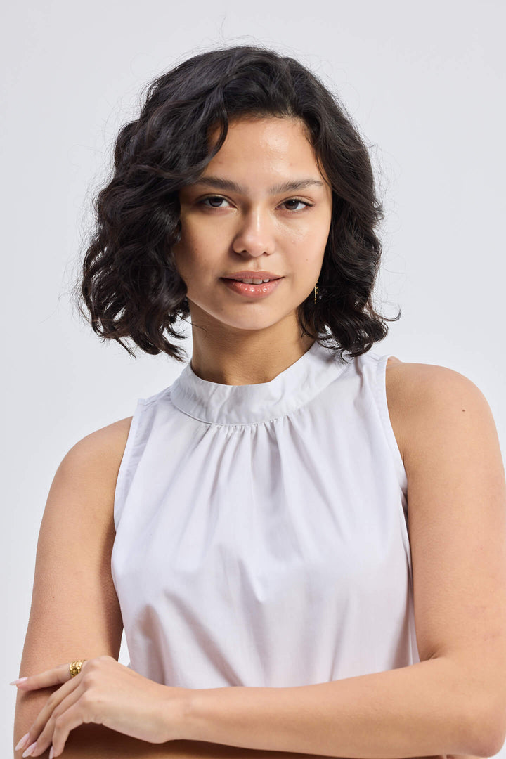 High-Neck Top With Gathers | White