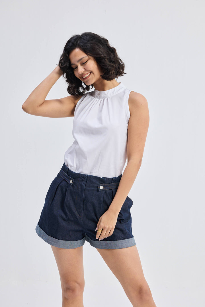 High-Neck Top With Gathers | White