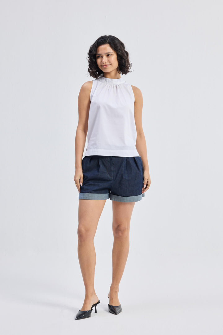 High-Neck Top With Gathers | White