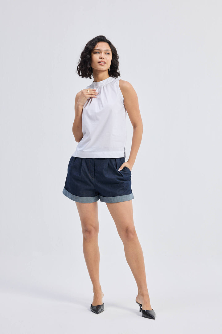 High-Neck Top With Gathers | White