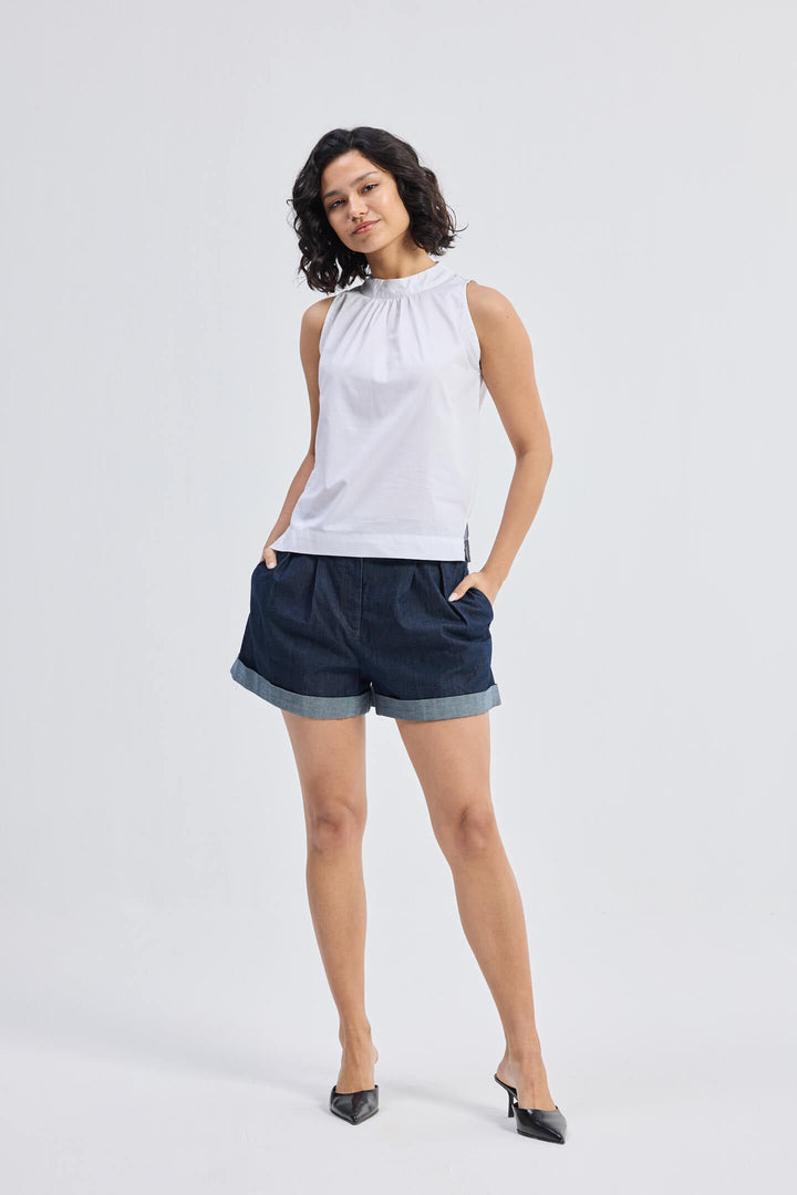 High-Neck Top With Gathers | White
