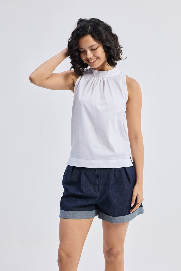 High-Neck Top With Gathers | White