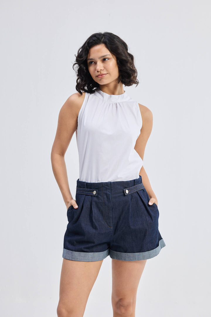 High-Neck Top With Gathers | White