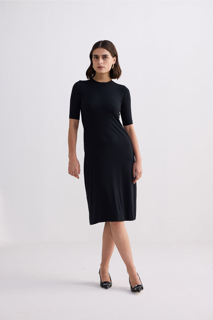 High Crew Neck Elbow Sleeves Fitted Dress | Black