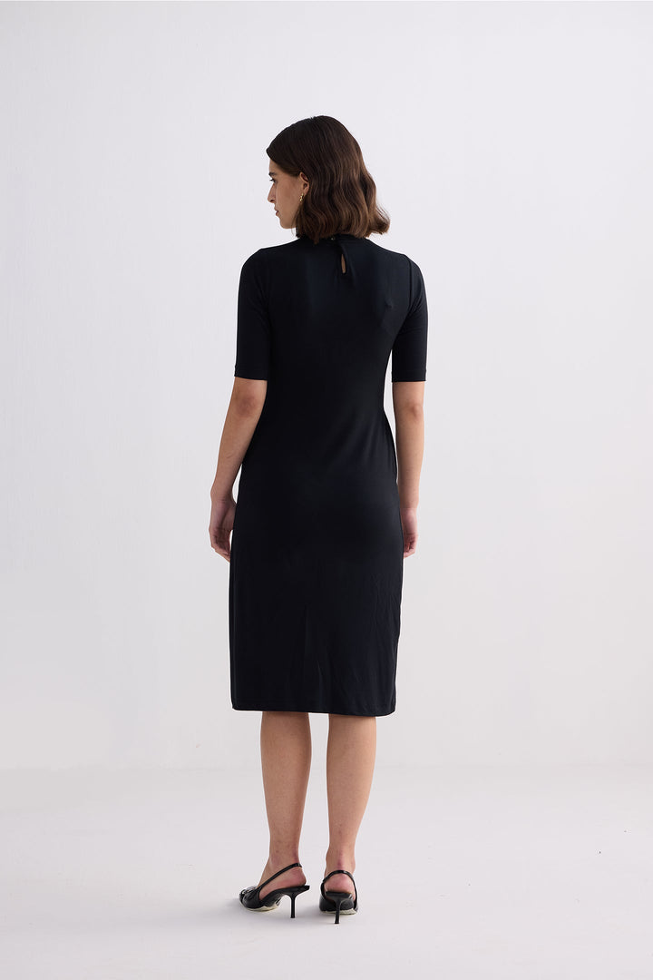 High Crew Neck Elbow Sleeves Fitted Dress | Black