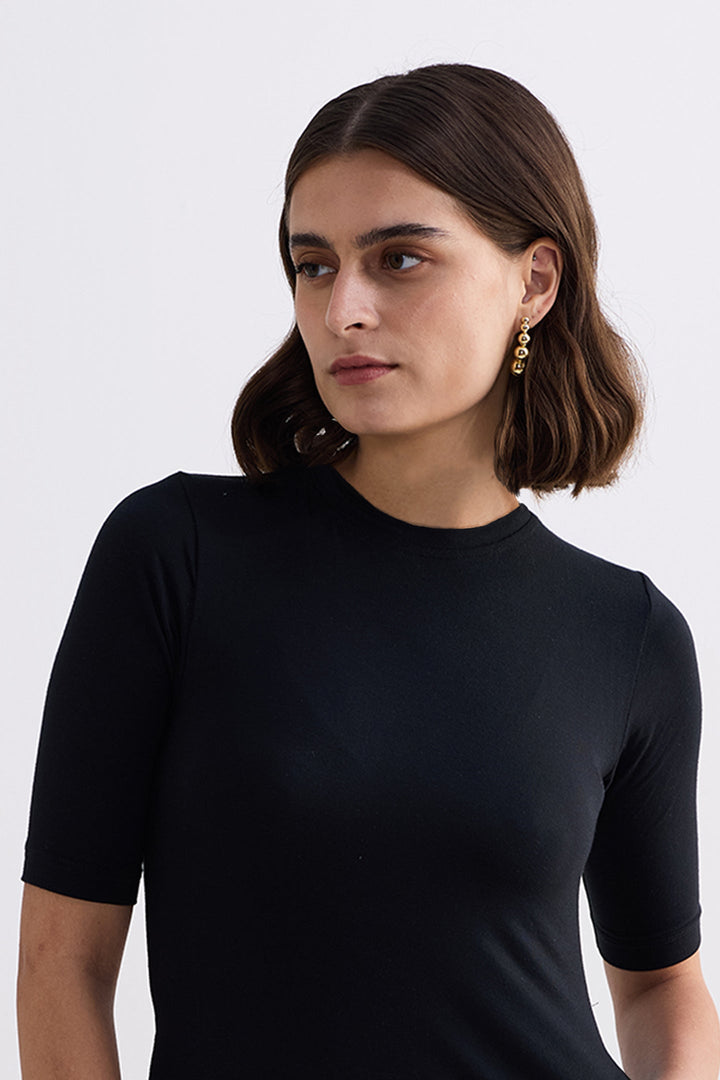 High Crew Neck Elbow Sleeves Fitted Dress | Black