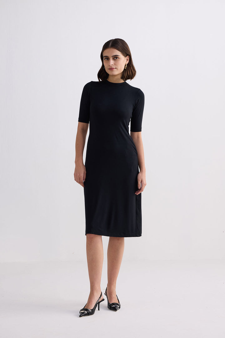 High Crew Neck Elbow Sleeves Fitted Dress | Black