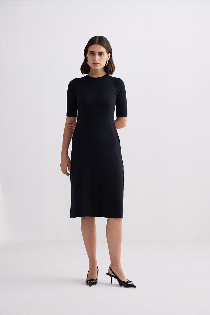 High Crew Neck Elbow Sleeves Fitted Dress | Black