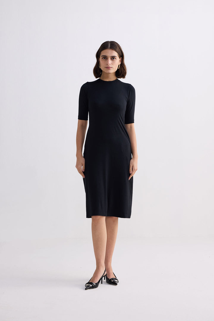 High Crew Neck Elbow Sleeves Fitted Dress | Black