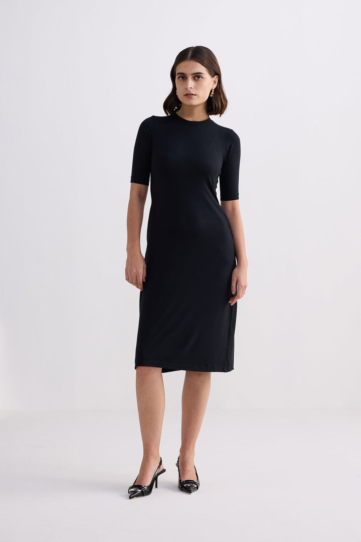 High Crew Neck Elbow Sleeves Fitted Dress | Black
