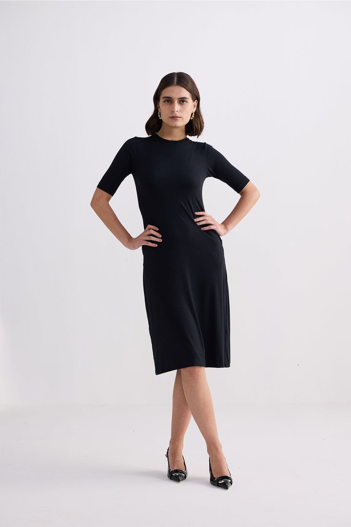 High Crew Neck Elbow Sleeves Fitted Dress | Black