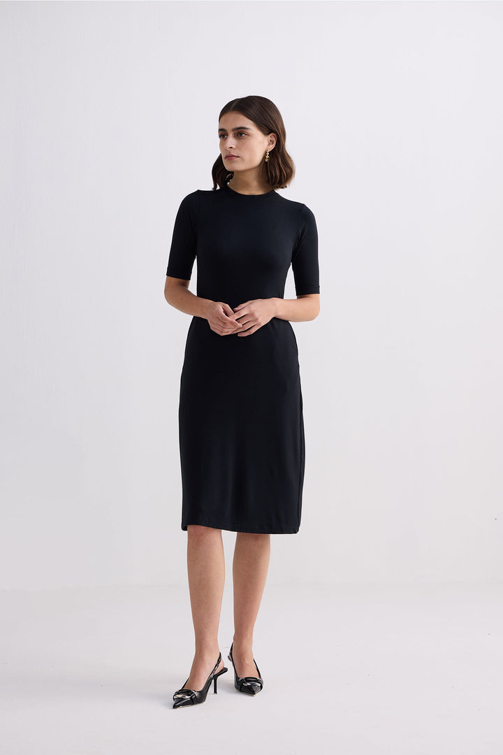 High Crew Neck Elbow Sleeves Fitted Dress | Black