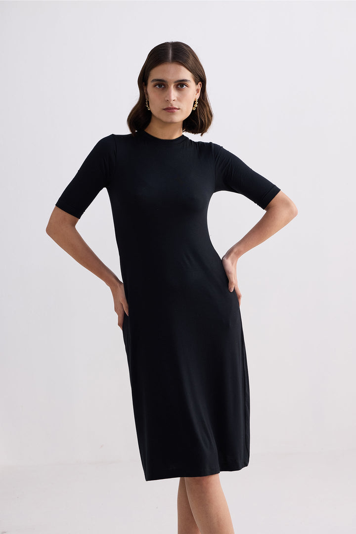 High Crew Neck Elbow Sleeves Fitted Dress | Black