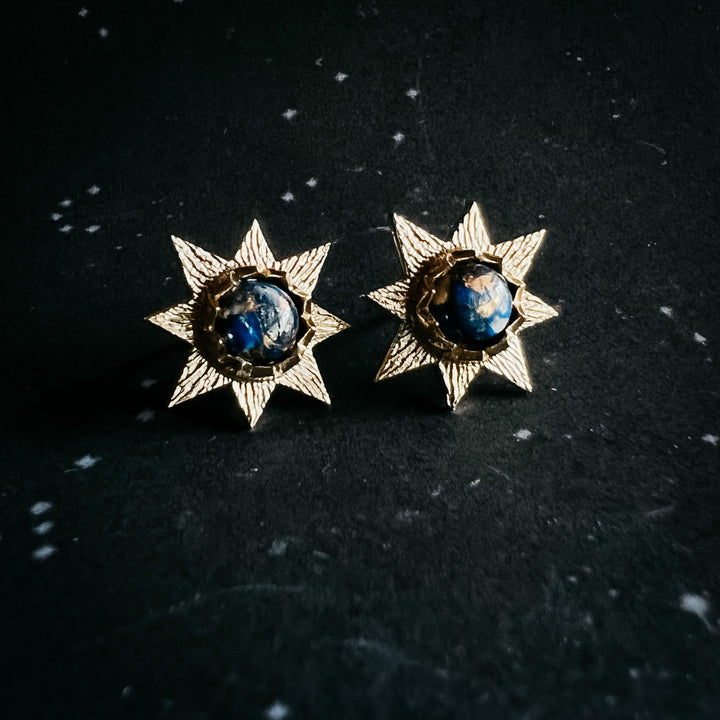 Dark Before the Dawn Sunburst Stud Earrings with Copper Lapis Lazuli