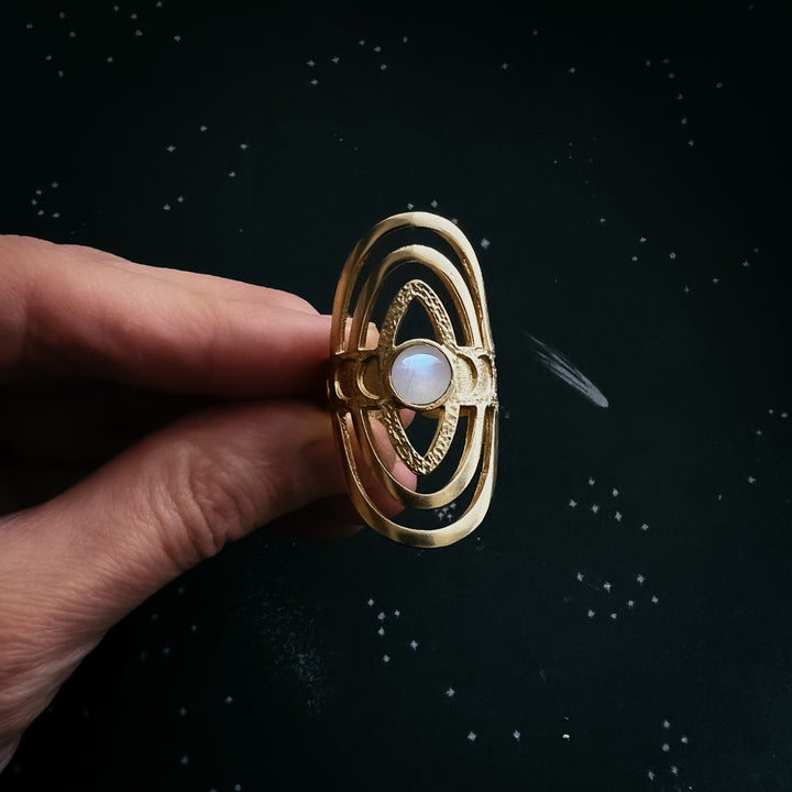 Cosmic Ripple Ring with Rainbow Moonstone and Phases of the Moon