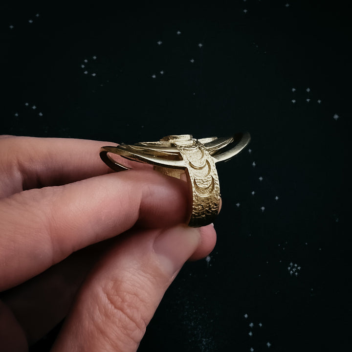 Cosmic Ripple Ring with Rainbow Moonstone and Phases of the Moon