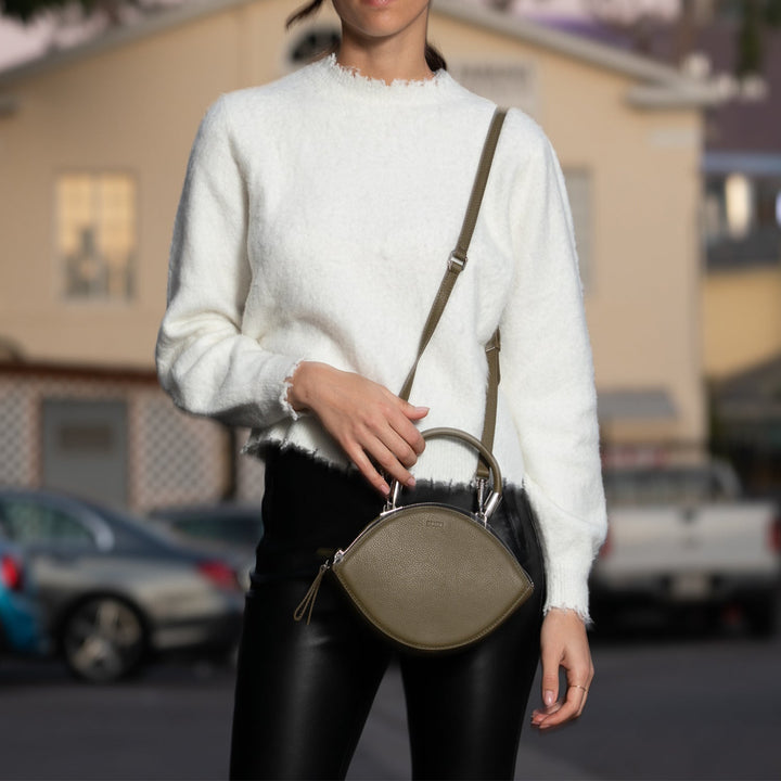 Kiss Circle Shape Leather Crossbody Bag - Olive Green