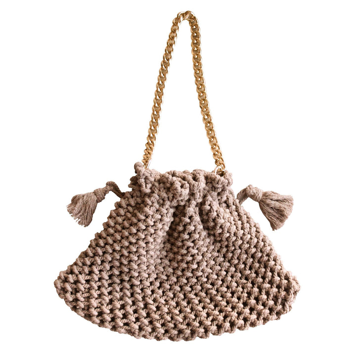 Lyon Macrame Boho Tote Bag in toasted beige with gold chain, handcrafted by artisans. Stylish accessory with natural cotton design.