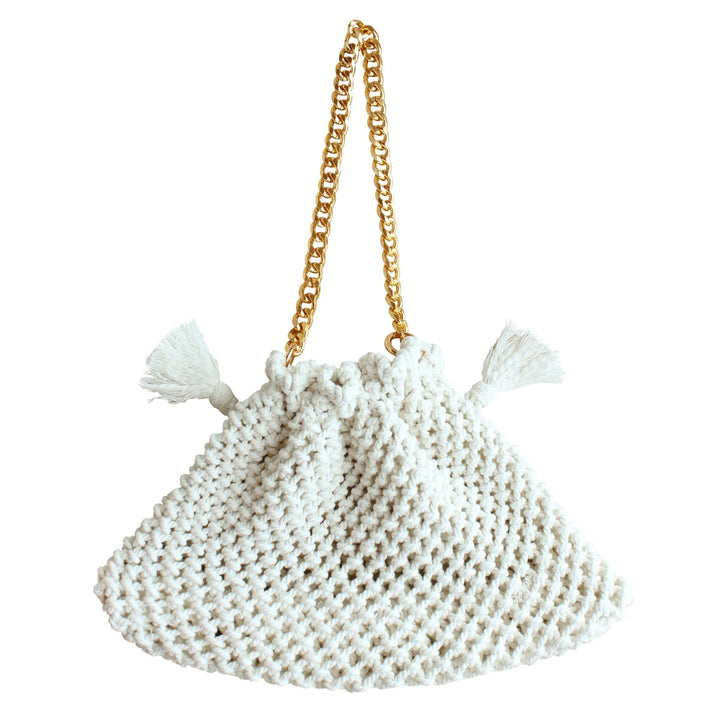 Lyon Macrame Tote Bag in off-white with a gold chain strap handcrafted by artisans, showcasing a unique, eco-friendly design.