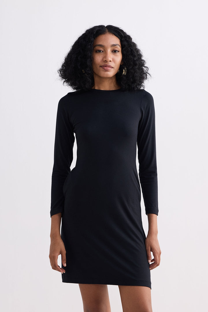 Long Sleeves Fitted Short Dress | Black