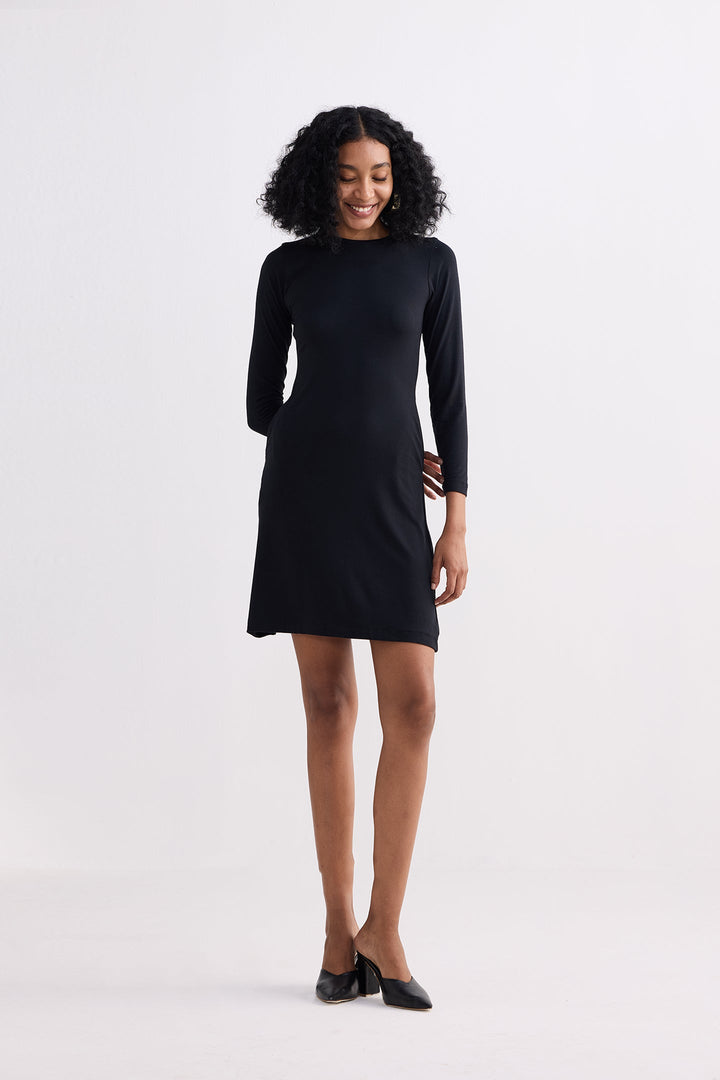 Long Sleeves Fitted Short Dress | Black