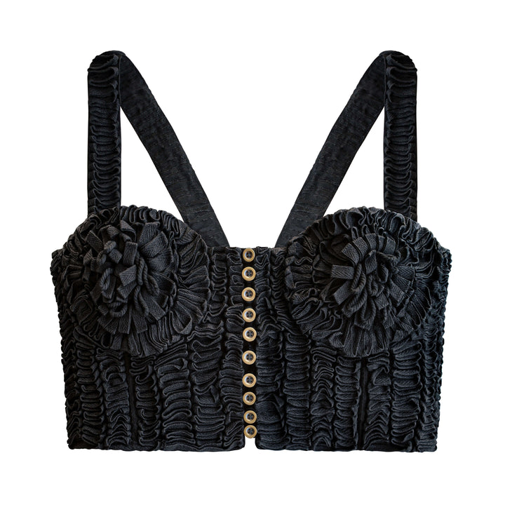Marigold Hand-embroidered Ribbon Bustier Top - Black