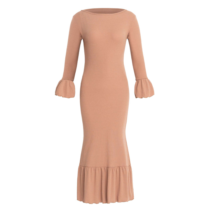 Marjorie Ruffle Rib Dress - Camel Brown