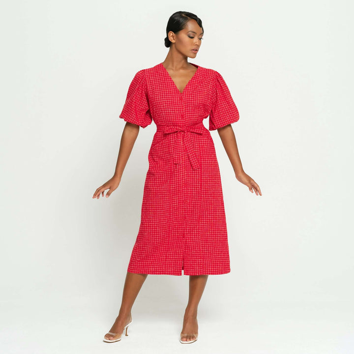 Meghan Gingham Hemp Midi Dress - Scarlet Red