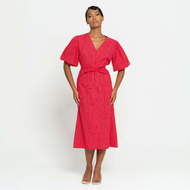Meghan Gingham Hemp Midi Dress - Scarlet Red
