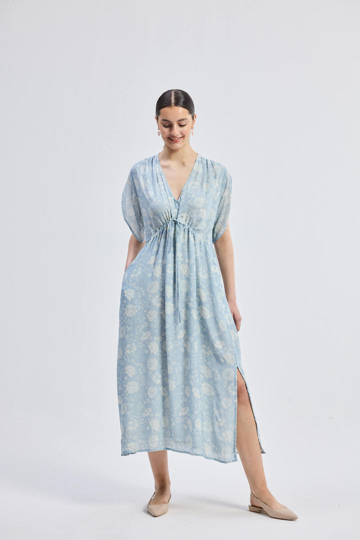 Maxi Gathered Dress | Blue Florals
