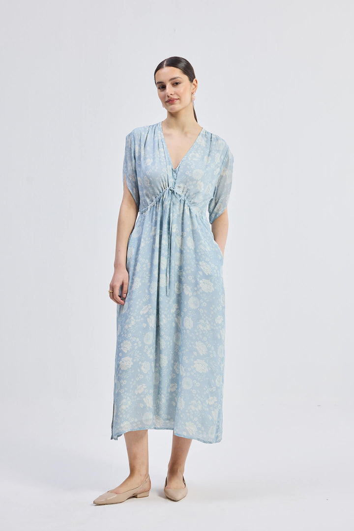 Maxi Gathered Dress | Blue Florals