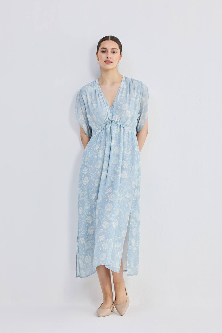 Maxi Gathered Dress | Blue Florals