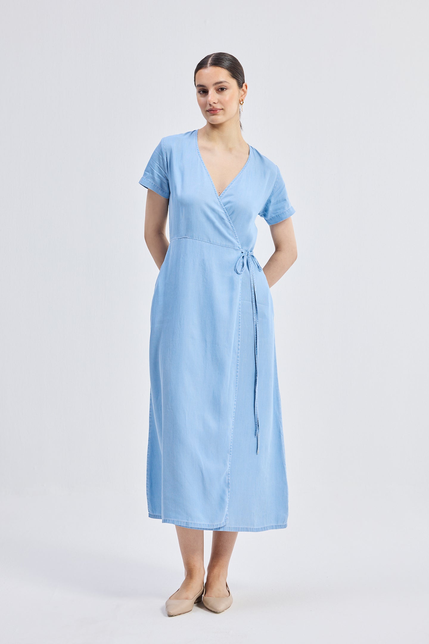 blue wrap dress long Light Blue Wrap Satin Dress With Flutter Sleeves main image 0