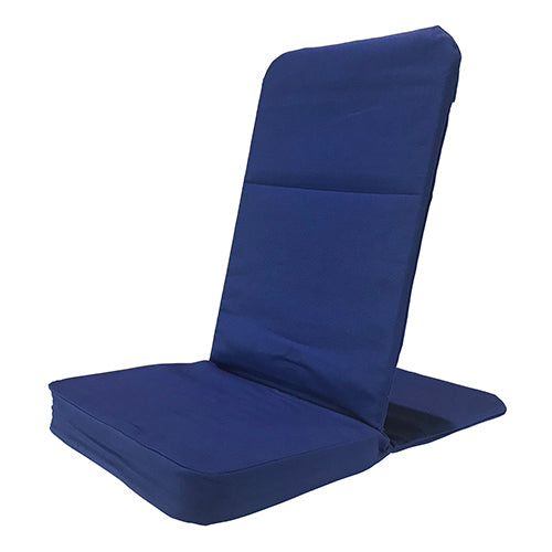 Blue folding meditation chair with back support, ideal for yoga, camping, and floor seating. Lightweight and portable design.