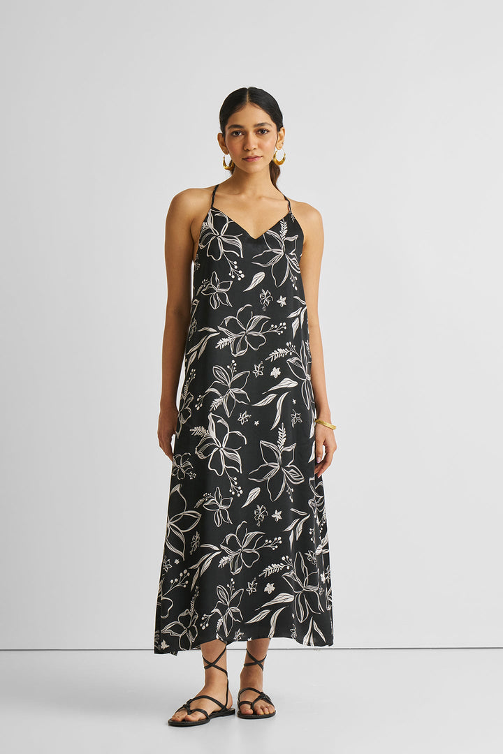 Midi Slip Dress - Black Florals