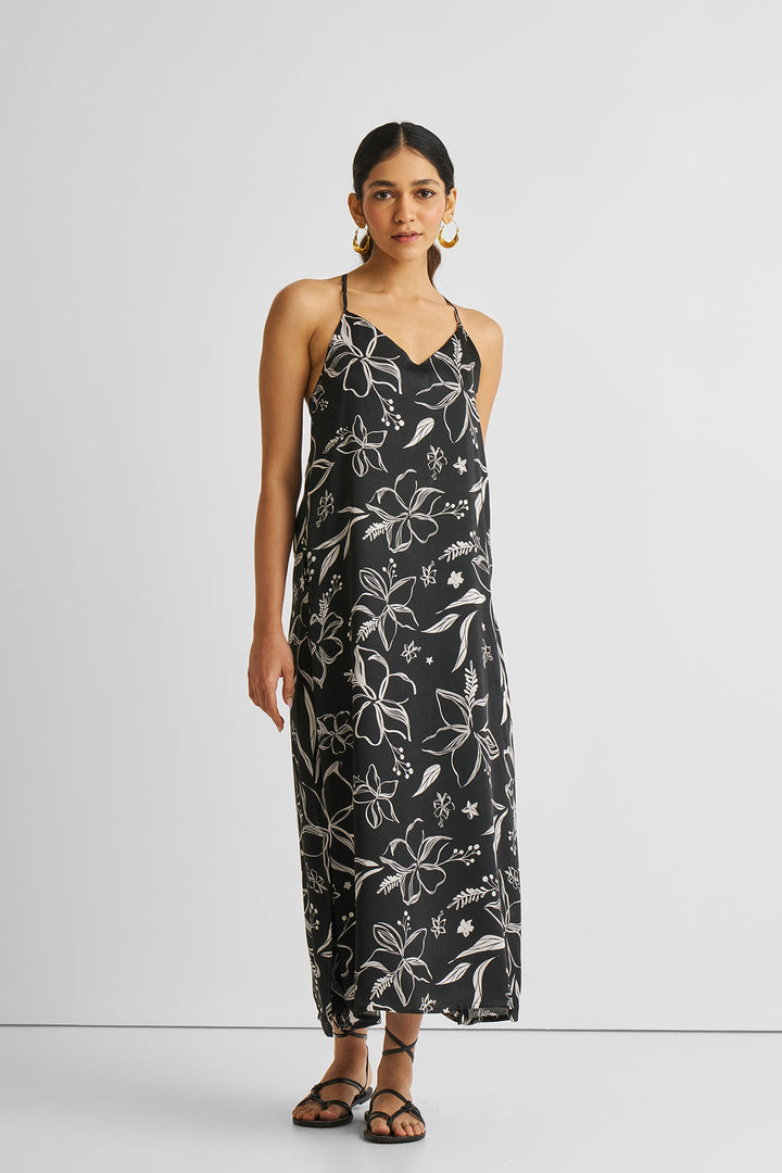 Midi Slip Dress - Black Florals