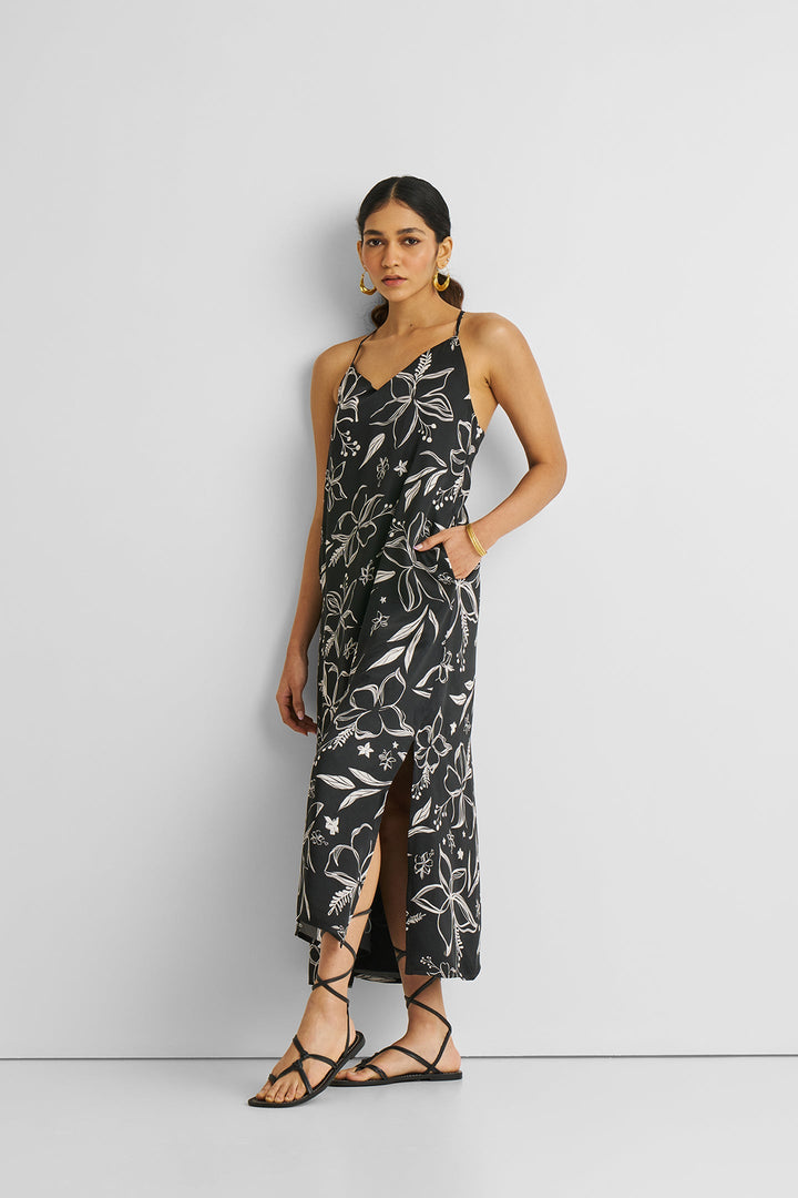 Midi Slip Dress - Black Florals