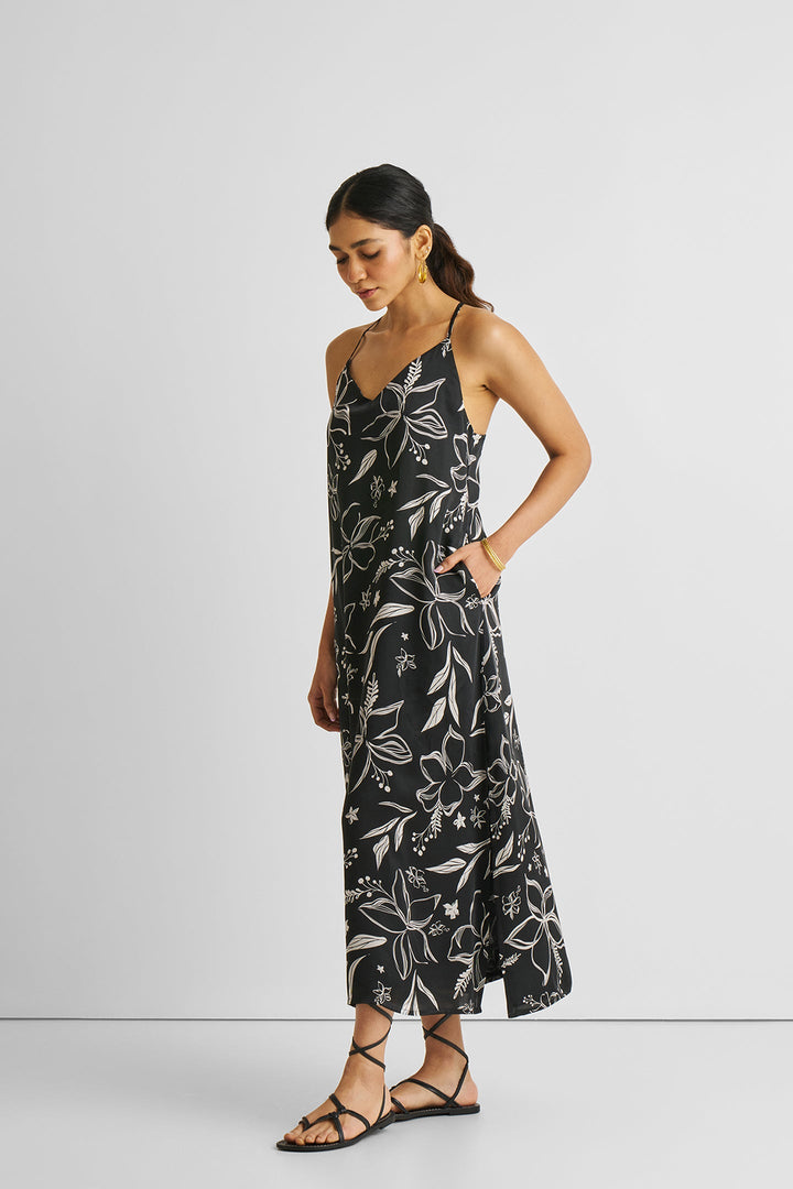 Midi Slip Dress - Black Florals