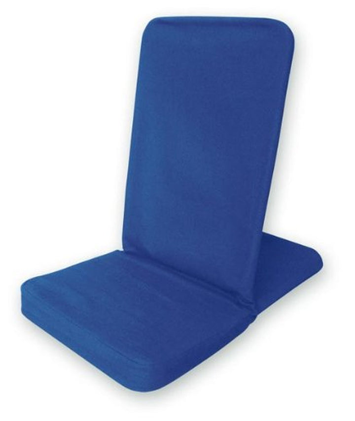 Blue folding meditation chair with back support for comfort and convenience. Ideal for meditation, camping, or as extra seating.