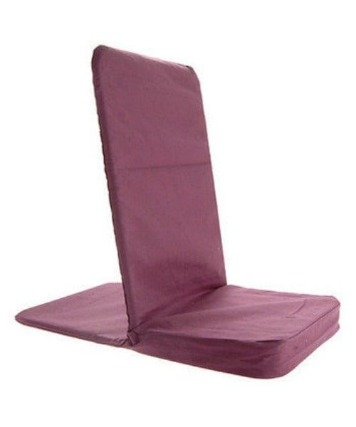 Folding meditation chair with back support in purple fabric, ideal for meditation, beach seating, or camping.